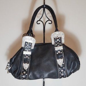 Charm and luck black genuine learher weatern rhinestone buckle handbag